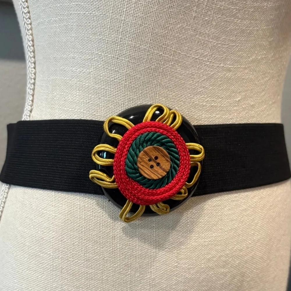 LINDSEY SCOTT SPORT Vintage Wide Elastic Statement Belt Black Gold Red Graphic - Picture 2 of 3